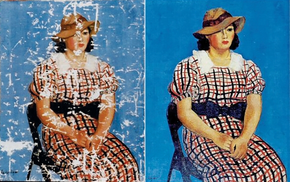 두 번 대수술 끝 살아난 이갑경 작가 ‘격자무늬 옷을 입은 여인’ 물감이 떨어져 나가 얼굴조차 알아보기 힘들었던 이갑경의 1937년작 ‘격자무늬 옷을 입은 여인’(왼쪽)은 1989년과 2014년 보존처리를 겪었다. 찢어진 캔버스를 복구하고 색을 얹는 정교한 작업 끝에 원형을 되찾았다(오른쪽). 국립현대미술관 제공