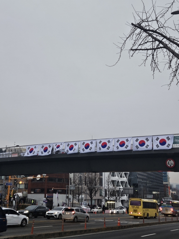 [단독]한남동 집회 인근 육교 위 현수막은 ‘불법’, 구청 20여개 철거