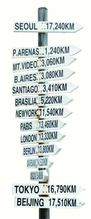 남극세종과학기지 앞마당에 있는 이정표.서울을 비롯한 전 세계 주요도시까지의 직선거리가 표기돼 있다.