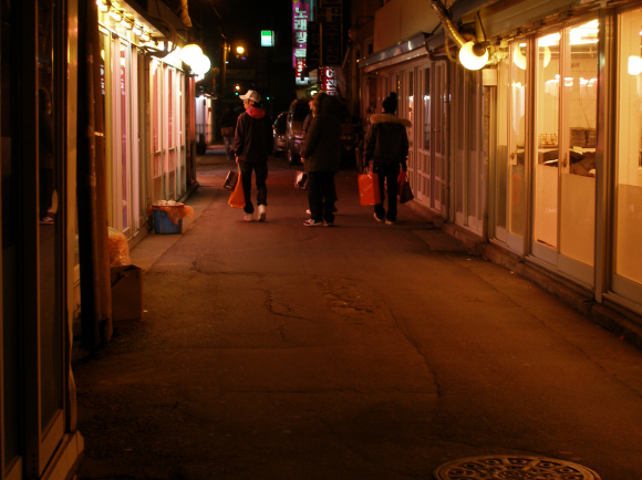 승합차에서 내린 일본인 관광객들이 지난 9일 밤 서울 청량리역 주변 성매매업소를 기웃거리고 있다. 