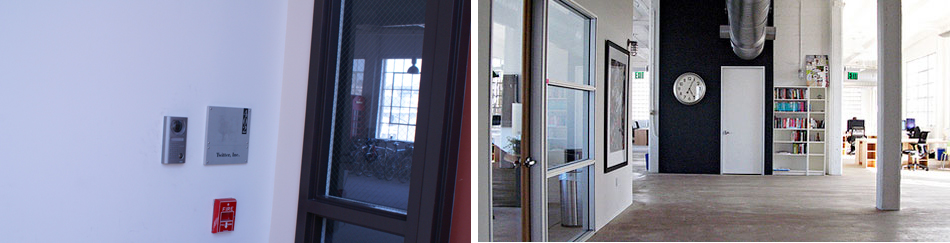 트위터 사무실 현관. 직원들이 세워놓은 출퇴근용 자전거가 보인다.(왼쪽)·트위터 사무실 내부.