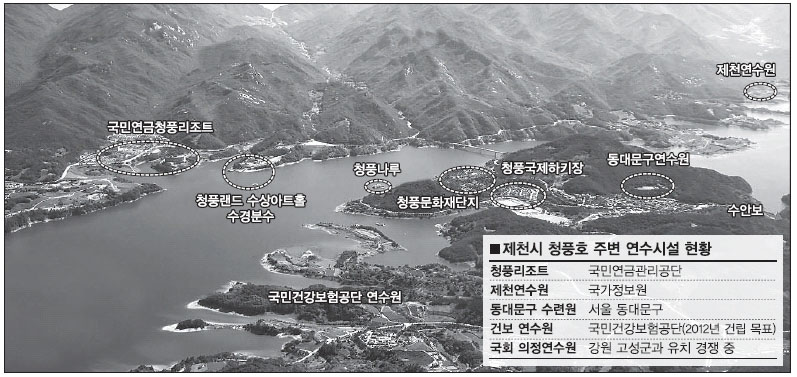천혜의 자연경관을 자랑하는 충북 제천시 청풍호 일대의 주요 관광지와 연수시설.  제천시 제공