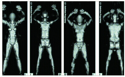 인권 침해 논란을 낳고 있는 알몸 투시기로 촬영한 신체. 왼쪽부터 각각 여자와 남자 앞·뒤로 신체 윤곽이 선명하게 보인다. 미 교통안전국(TSA) 제공