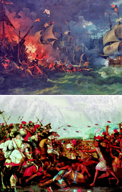 16세기 에스파냐는 유럽과 지구 반대편 남아메리카를 넘나드는 대제국을 건설했다. 에스파냐 무적함대는 16세기 말 영국 해군에 대패(사진 위)했고, 잉카제국과의 전투(아래)에서는 승리했다.