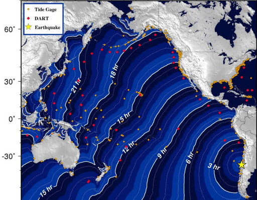 미국 지질조사국(USGS)은 칠레 서부 태평양 연안에서 27일(현지시간) 오전 발생한 규모 8.8의 지진으로 칠레 해안에 쓰나미가 발생했다고 밝혔다. USGS에 따르면, 쓰나미 영향력은 태평양 전역으로 퍼져 21시간 후에는 일본 근해 아시아권까지 영향을 미칠 것으로 내다봤다. 연합뉴스