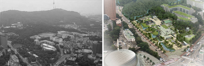 장충자락 남산르네상스 프로젝트 개선전(왼쪽) 개선후 책 ‘서울을 디자인한다’