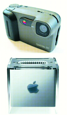애플이 1994년 내놓은 ‘퀵테이크’ 카메라(위). 독특한 디자인으로 주목받다가 후속제품에 밀려 단종된 ‘G4 큐브’(아래).