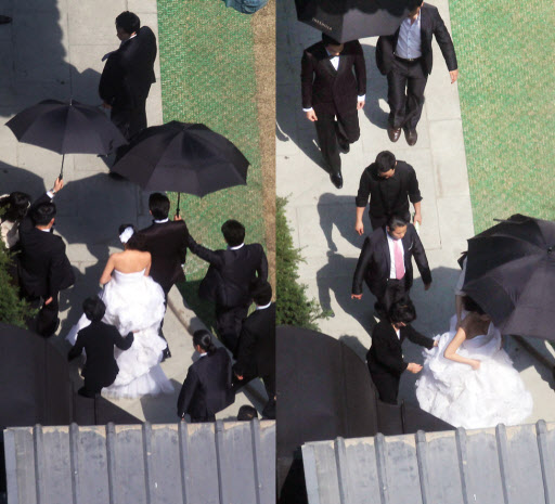 장동건-고소영, 갈때는 함께 올때는 따로 2일 오후 장충동 신라호텔에서 열리는 배우 장동건과 고소영의 결혼식에 앞서 열리는 기자회견을 위해 두 배우가 영빈관으로 향하고 있다. 사진 오른쪽은 기자회견을 마친 후 영빈관을 나서는 모습.  서울=연합뉴스