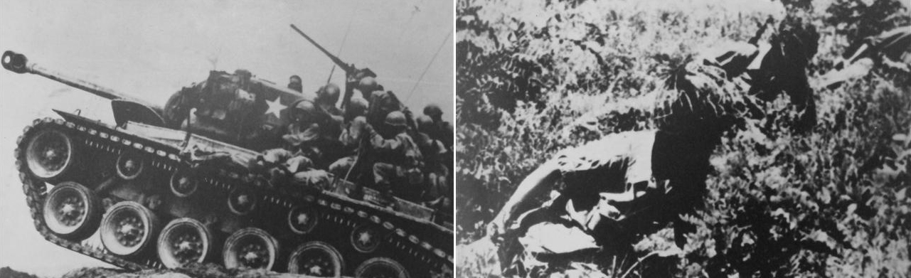 1950년 경북 칠곡 다부동 인근 천평계곡에서 전투에 참여한 미군 M26 전차가 적진으로 향하는 모습(왼쪽). 다부동 유학산 정상에서 1사단 장병들이 북한군과 교전을 벌이고 있다. 다부동 전적기념관 제공