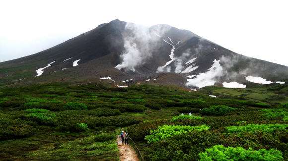 ‘홋카이도의 지붕’이라 불리는 아사히다케가 당당한 자태로 여행자를 맞고 있다. 이맘때면 거대한 야생화 군락과 잔설이 어우러진 경이로운 풍경과 마주할 수 있다.