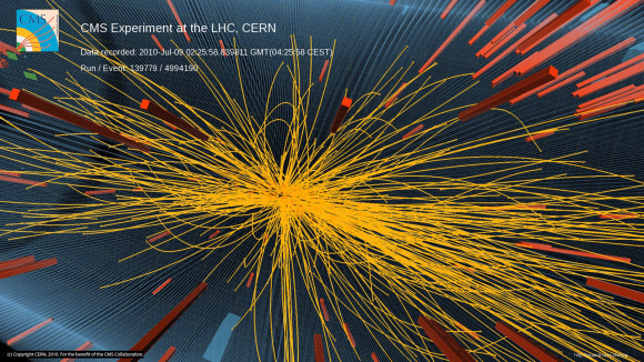 7TeV(테라전자볼트) 에너지의 강입자가속기(LHC)에서 양성자가 충돌할 때 생성되는 100여개의 소립자 이미지. CERN 홈페이지