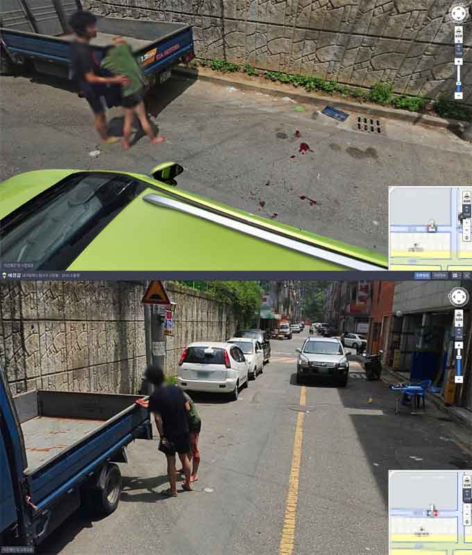 도로 위에 폭행 당한 남성의 피가 떨어진 장면(위)과 녹색 옷을 입은 남성의 다리에 피가 묻은 사진(아래).