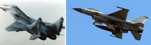 우리 KF-16(오른쪽)과 북한 미그-29와 동종의 전투기. 연합뉴스