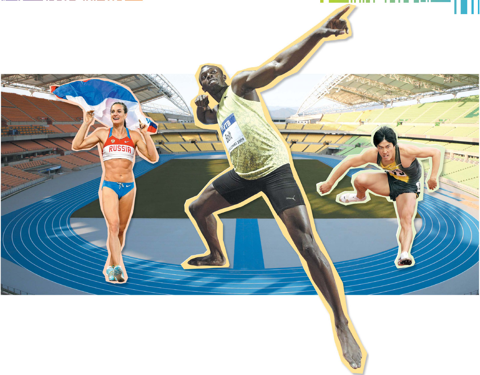   오는 8월 27일 개막되는 대구세계육상선수권대회에 출전하는 스타들. 여자 장대높이뛰기 1인자 이신바예바(왼쪽부터), 남자 100m의 우사인 볼트, 남자 110m 허들의 류샹.  그래픽 길종만기자 kjman@seoul.co.kr  