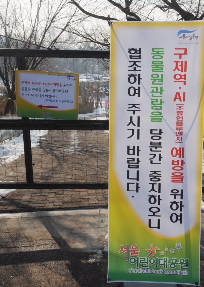구제역과 조류인플루엔자(AI)가 전국적으로 확산되고 있는 가운데 2일 서울 능동 어린이대공원 동물원 앞에 당분간 관람 중지를 알리는 안내문이 세워져 있다. 안주영기자 jya@seoul.co.kr