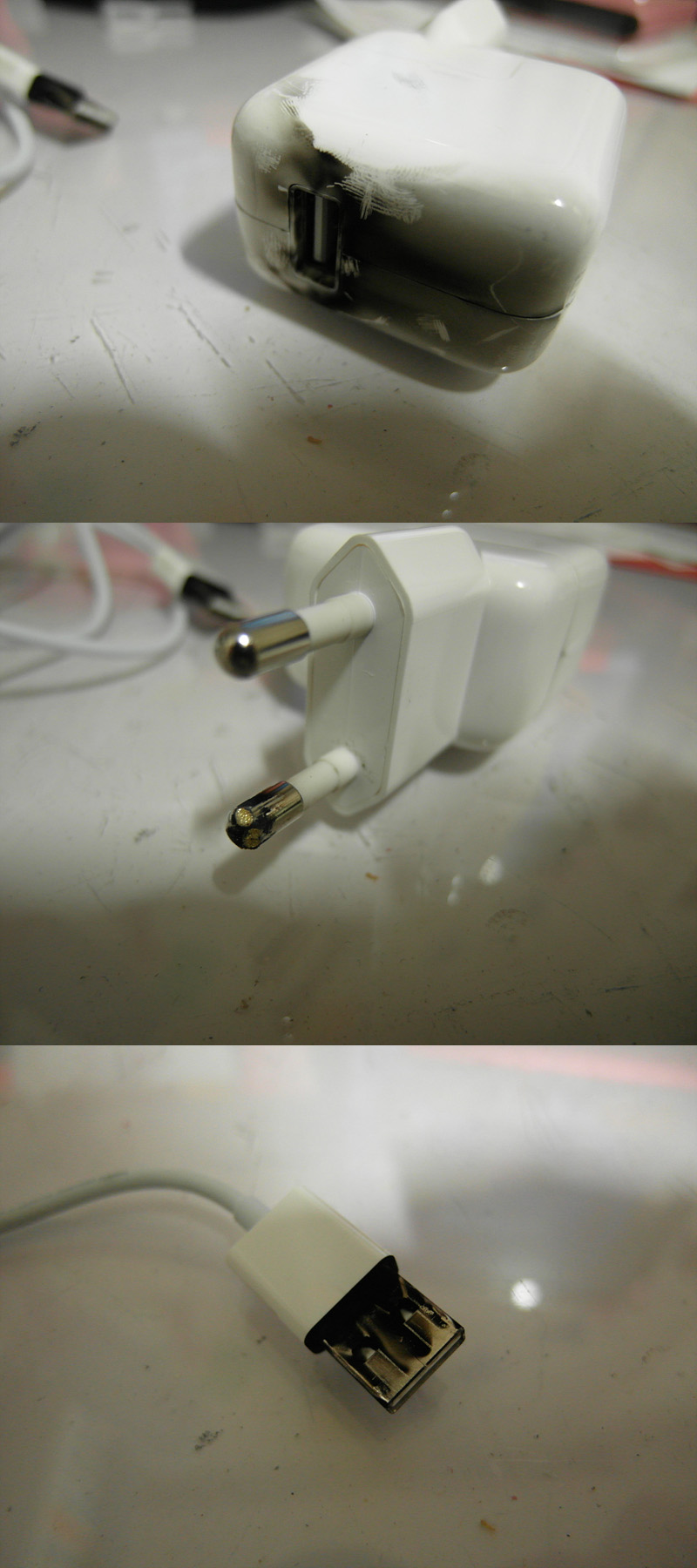 아이폰4 사용자 안모씨가 18일 인터넷에 공개한 아이폰4 충전기 폭발사진