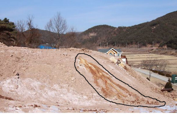 침출수 줄~ 줄  경북 안동의 한 마을에 설치된 매몰지에서 침출수(점선 안)가 흘러나오고 있다. 환경부 제공