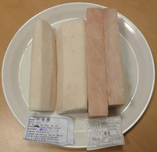 냉동 기름치살(왼쪽)과 냉동 참치살. 기름치의 흰살은 참치의 흰살과 비슷해 육안으로 구분하기 어렵다. 연합뉴스