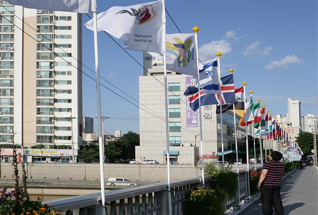 2011 대구세계육상선수권대회 개막을 하루 앞두고 대구 동성교 등 시내 곳곳에 국제육상경기연맹 회원국들의 국기가 내걸려 대회 분위기를 고조시키고 있다.