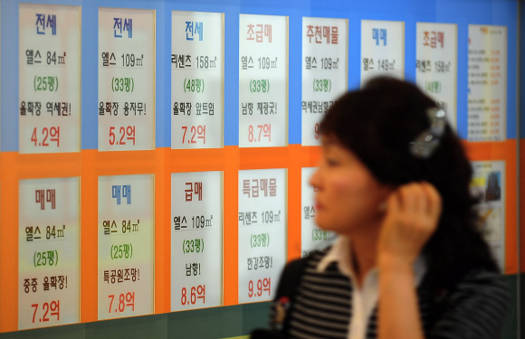 끝이 안 보이는 전·월세난이 이어지는 가운데 6일 서울 송파구 잠실동의 한 부동산중개업소에 전·월세 매물 가격표가 잔뜩 붙어 있다.  손형준기자 boltagoo@seoul.co.kr