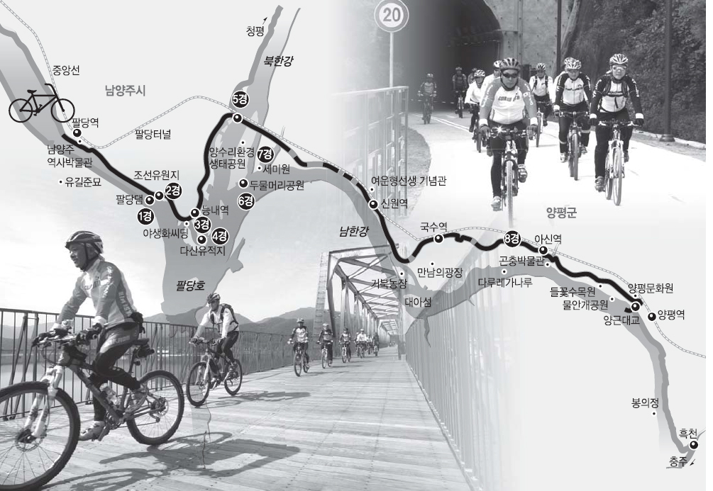 남한강 자전거길이 열리기 사흘 전인 5일 오후 자전거 동호인들이 경춘선 폐철로를 활용해 만든 남한강 자전거길을 미리 달려보고 있다.  