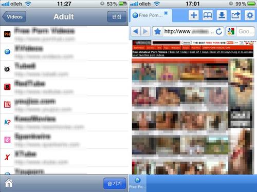 아이폰·아이패드용 앱에 포함된 성인 사이트 목록(왼쪽)과 해당 사이트. 연합뉴스