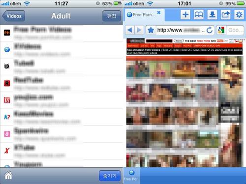 아이폰·아이패드용 앱에 포함된 성인 사이트 목록(왼쪽)과 해당 사이트 연합뉴스