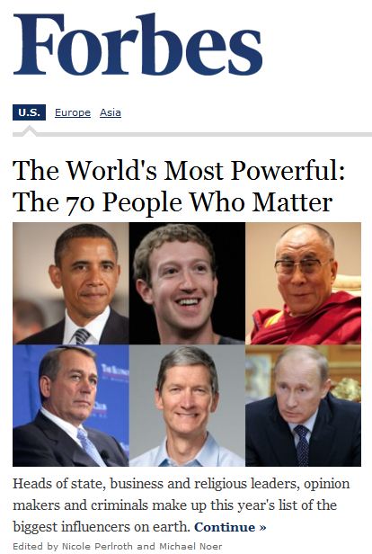 미국 경제전문지 포브스 인터넷판은 3일 올해 ‘세계에서 가장 영향력 있는 인물 70인’을 선정, 발표하면서 오바마 대통령을 1위로 꼽았다. -포브스 홈페이지 캡쳐