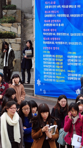 28일 각종 고시와 언론사 입사 등 ‘합격 축하 플래카드’가 내걸린 서울의 한 여대 정문으로 학생들이 오가고 있다. 안주영기자 jya@seoul.co.kr