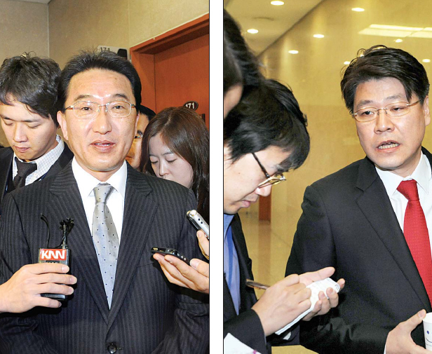 20일 19대 총선 불출마를 선언한 한나라당 현기환(왼쪽), 장제원 의원이 국회 정론관에서 기자회견을 한 뒤 기자들의 질문에 답하고 있다.   이호정기자 hojeong@seoul.co.kr  