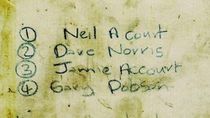 ‘스티븐 로런스 살인 사건’ 발생 다음날인 1993년 4월 23일 한 공중전화 박스에서 발견된 메모. 종이에는 범인으로 의심되는 4명의 이름이 적혀 있었고 이 가운데 데이비드 노리스(②번)와 개리 돕슨(④번)만 기소돼 유죄평결을 받았다. BBC 홈페이지