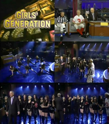 소녀시대가 지난달 31일(현지시간) 미국 CBS의 심야 토크쇼인 ‘데이비드 레터맨쇼(The Late Show With David Letterman)’에 출연해 지난달 미국에서 발매한 스페셜 앨범 타이틀곡 ‘더 보이즈(The Boys)’를 밴드 버전으로 편곡해 선보였다. <br>SM엔터테인먼트 제공