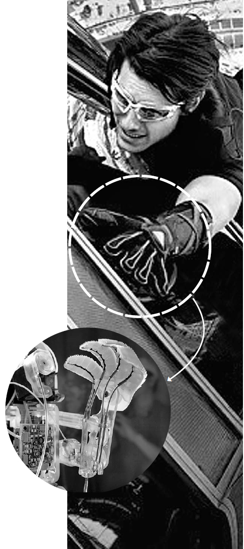 미국 스탠퍼드대 연구진이 2006년 발표한 로봇 ‘스티키봇’(원 안)은 게코도마뱀의 발바닥을 흉내내 천장과 벽을 자유자재로 기어오를 수 있다. 영화 미션임파서블4에 등장하는 이단 헌트의 장갑 역시 같은 원리로 현실화되고 있다.