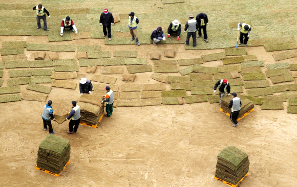 14일 오후 시청 앞 서울광장에서 서울시 관계자들이 새봄을 맞아 잔디를 교체하고 있다.  연합뉴스
