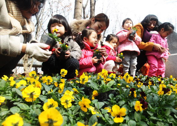 19일 오전 서울 서초구 방배동 도구로변에서 열린 ‘아름다운 꽃길 가꾸기’ 행사에서 어린이들이 꽃을 심고 있다.  연합뉴스