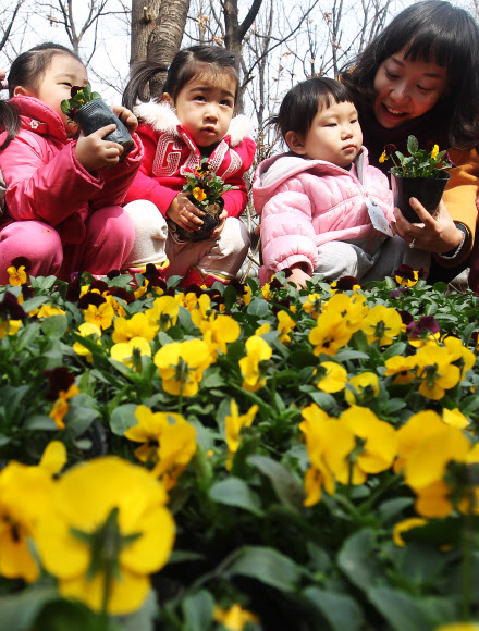19일 오전 서울 서초구 방배동 도구로변에서 열린 ‘아름다운 꽃길 가꾸기’ 행사에서 어린이들이 꽃을 심고 있다.  연합뉴스