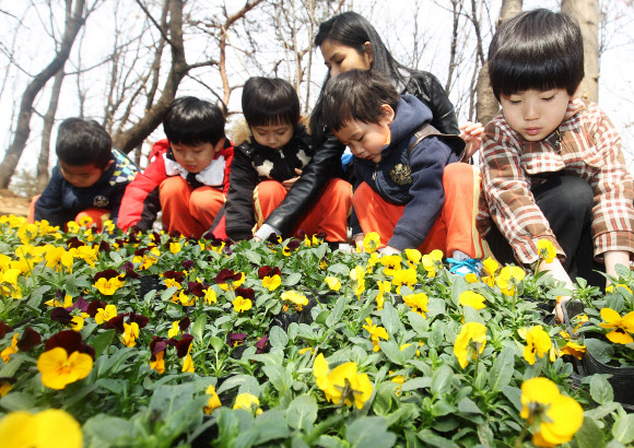 19일 오전 서울 서초구 방배동 도구로변에서 열린 ‘아름다운 꽃길 가꾸기’ 행사에서 어린이들이 꽃을 심고 있다.  연합뉴스