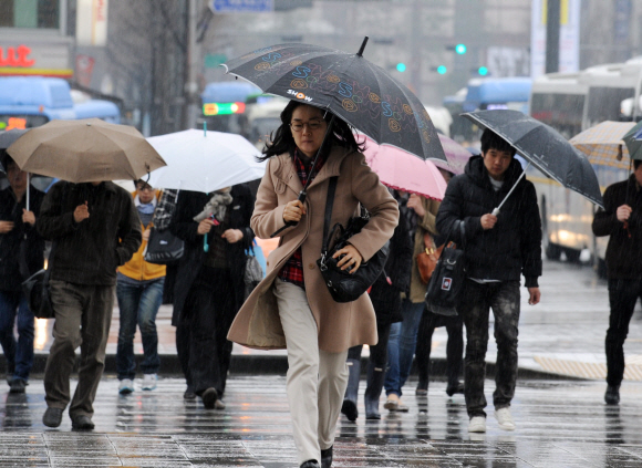 봄을 재촉하는 비가 내린 23일 오전 시민들이 우산을 들고 광화문을 지나고 있다. 도준석기자 pado@seoul.co.kr