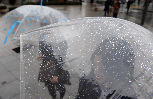 봄을 재촉하는 비가 내린 23일 오전 시민들이 우산을 들고 광화문을 지나고 있다. 도준석기자 pado@seoul.co.kr