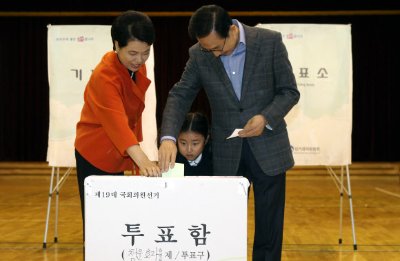이명박 대통령과 김윤옥 여사가 11일 오전 서울 종로구 국립서울농학교 청운.효자동 제1투표소에서 투표한 후 손녀가 지켜보는 가운데 투표용지를 함에 넣고 있다.