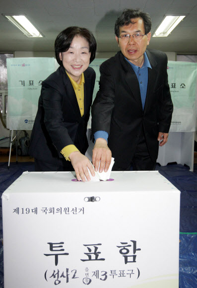 심상정 통합진보당공동대표와 남편 이승배씨가 11일 오전 고양구 성사2동 제3투표소에서 투표를 하고 있다.