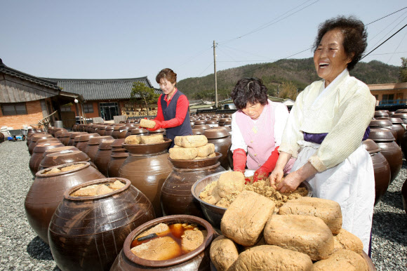 전통 된장 마을로 유명한 전남 강진군 군동면 신기마을을 찾는 관광객과 주민들이 18일 직접 된장을 만드는 체험을 하며 즐거워하고 있다.  연합뉴스