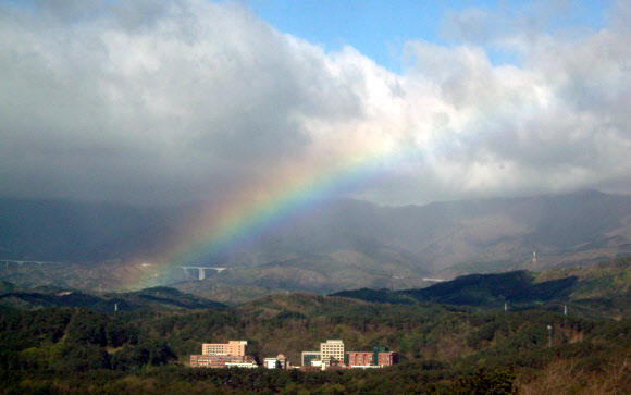 26일 오전 대관령∼선자령∼진고개로 이어지는 민족의 등줄기 백두대간에 오색 무지개가 떠 눈길을 끌었다. 연합뉴스