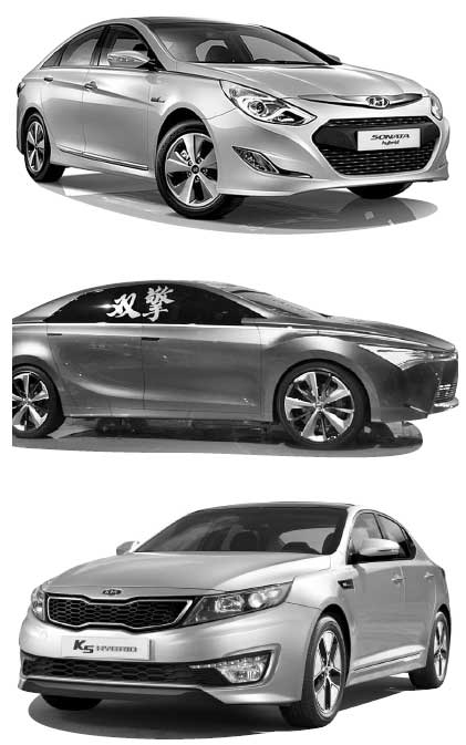 지난 23일 개막한 중국 베이징 ‘2012 베이징 모터쇼’에서는 하이브리드 차와 중국 현지화 모델들이 큰 흐름을 형성했다. 위부터 현대차 ‘쏘나타 하이브리드’, 토요타 ‘윈둥솽칭’, 기아차 ‘K5 하이브리드’. 