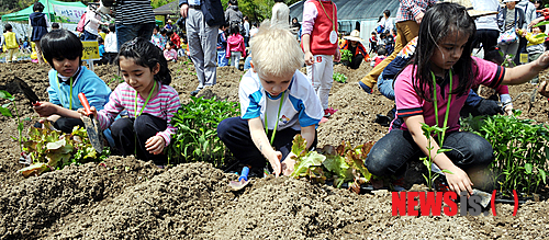 27일 오전 서울 서초구 내곡동 꽃초롱 자연체험학습장에서 레인보우 외국인학교 학생들이 일일 꼬마농부가 되어 고추,상추, 토마토 등 모종을 심고 있다.
