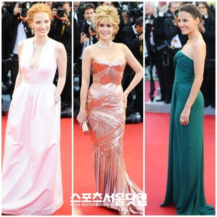 칸 국제영화제 레드카펫에 오른 제시카 차스테인과 제인 폰다, 프리다 핀토(왼쪽부터)