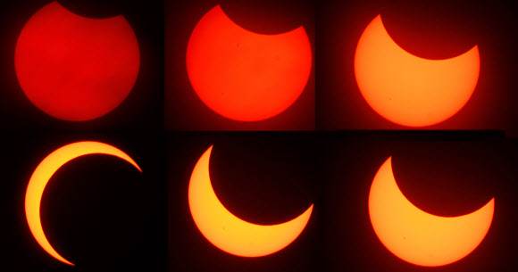 21일 오전 달이 태양을 가리는 부분일식이 나타난 가운데 제주에선 오전 6시16분부터 8시41분까지 2시간30분 가까이 관측됐다. 사진 윗줄 왼쪽부터 시계방향순.  제주 별빛누리공원 제공