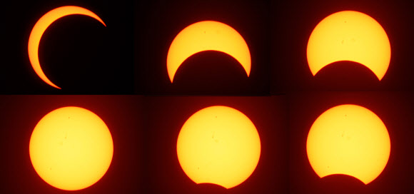 21일 오전 달이 태양을 가리는 부분일식이 나타난 가운데 제주에선 오전 6시16분부터 8시41분까지 2시간30분 가까이 관측됐다. 사진 윗줄 왼쪽부터 시계방향순.  제주 별빛누리공원 제공