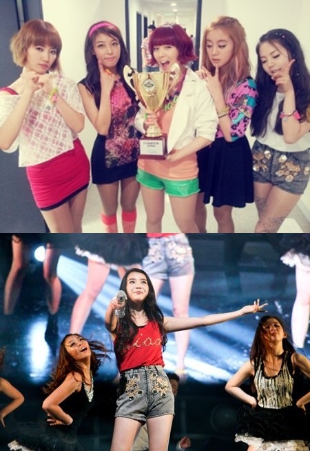 같은 옷을 입고 다른 매력을 뽐낸 원더걸스의 소희(위 맨 오른쪽)와 아이유(아래 가운데)./MBC 뮤직 ‘쇼 챔피언’ 트위터, 로엔엔터테인먼트 제공