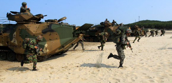 해군ㆍ해병대 연대급 합동상륙훈련 및 한국군 단독 합동해안양륙군수지원훈련25일 오전 충남 태안군 안면도 해안에서 열렸다. 상륙돌격장갑차에서 내린 해병대원들이 돌격하고 있다. 서해 사진공동취재단